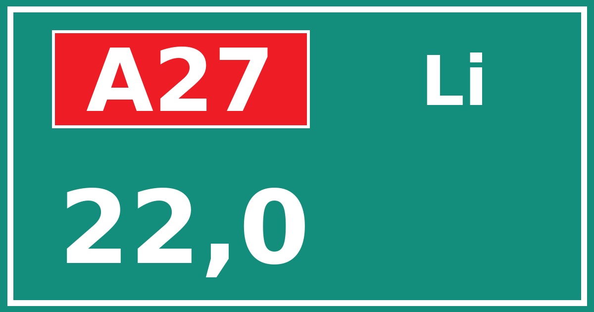 Hectometerbord A27 22,0 zijde Li