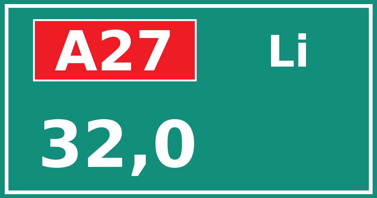 Hectometerbord A27 32,0 zijde Li