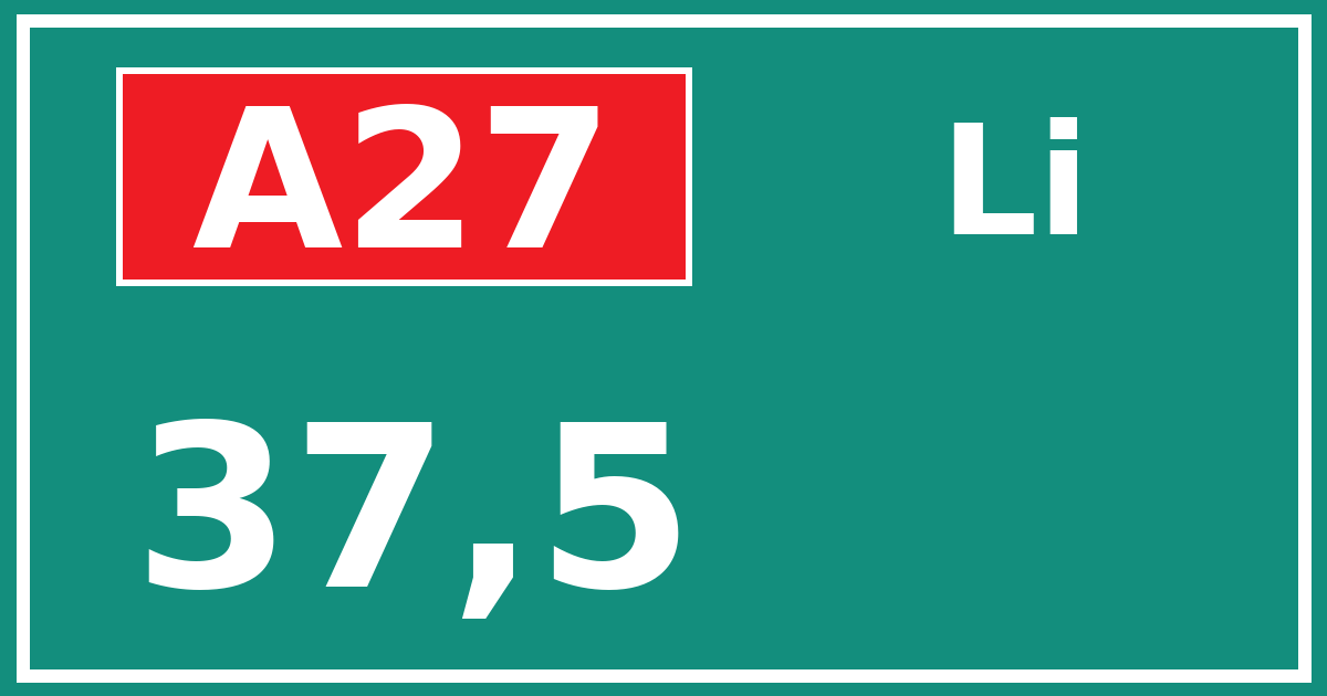 Hectometerbord A27 37,5 zijde Li