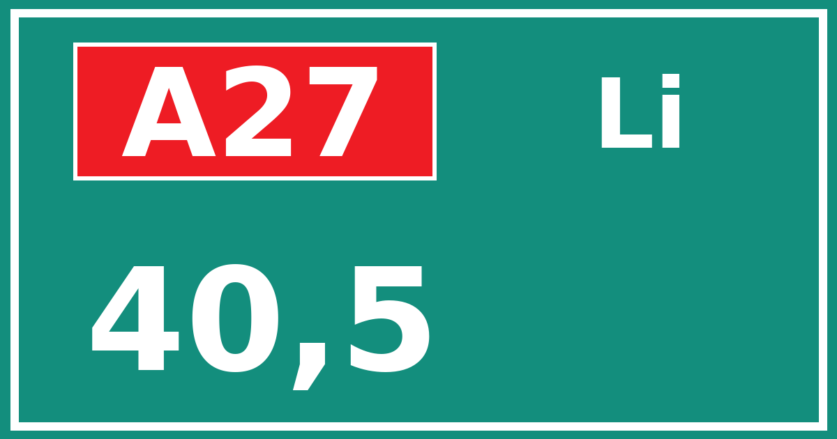 Hectometerbord A27 40,5 zijde Li