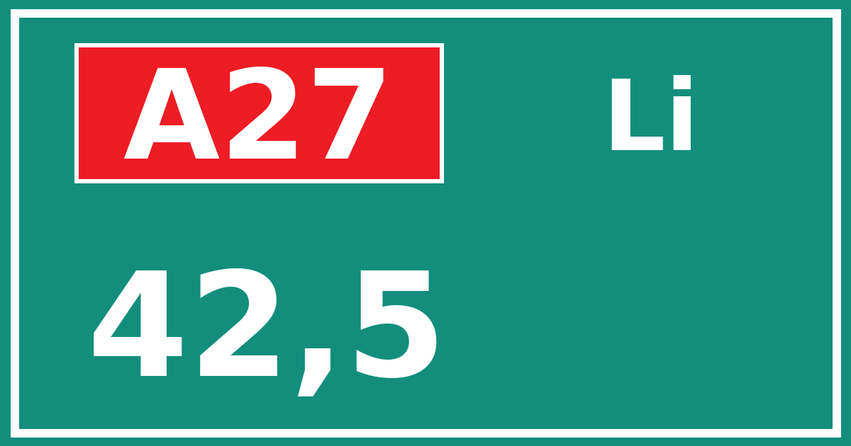 Hectometerbord A27 42,5 zijde Li
