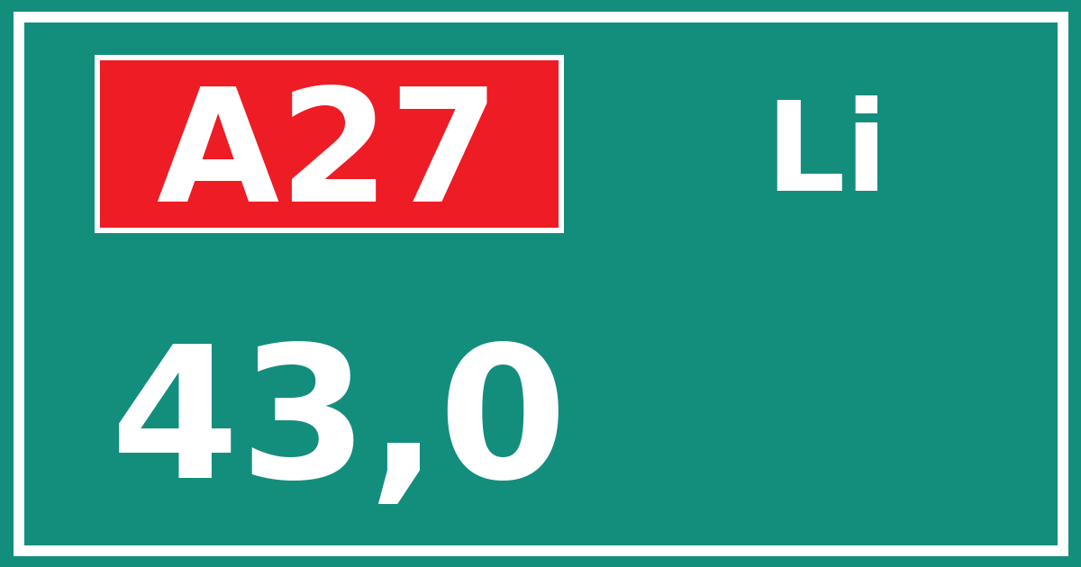 Hectometerbord A27 43,0 zijde Li