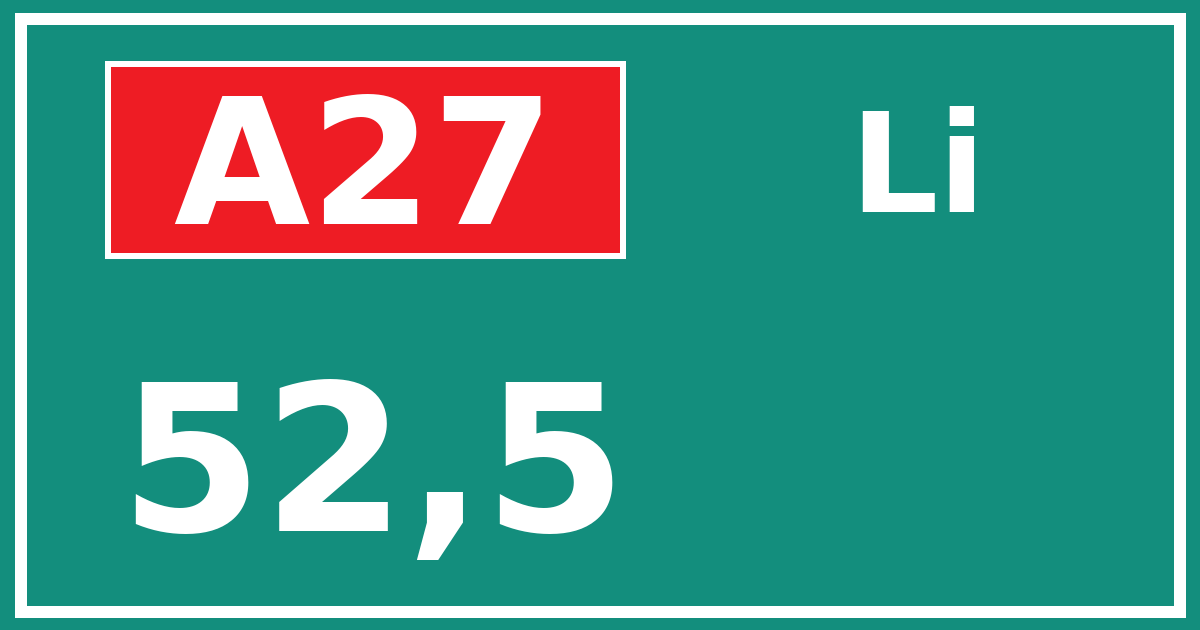 Hectometerbord A27 52,5 zijde Li