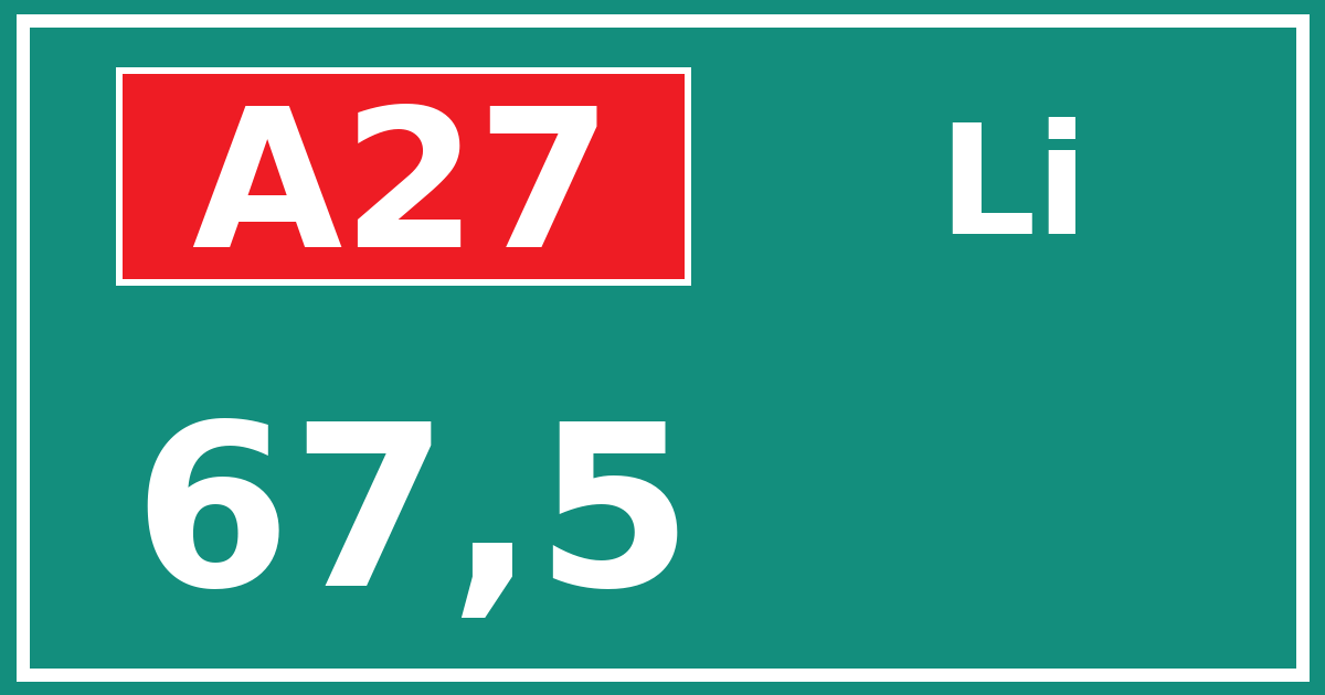 Hectometerbord A27 67,5 zijde Li