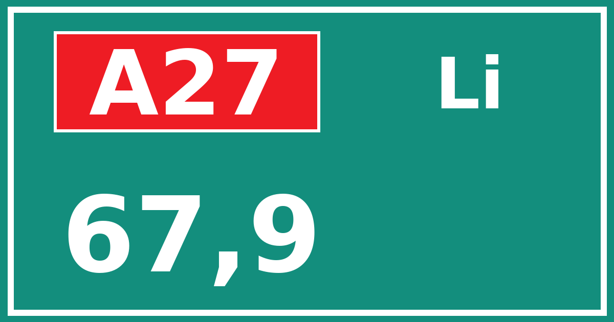 Hectometerbord A27 67,9 zijde Li