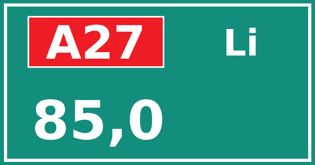 Hectometerbord A27 85,0 zijde Li