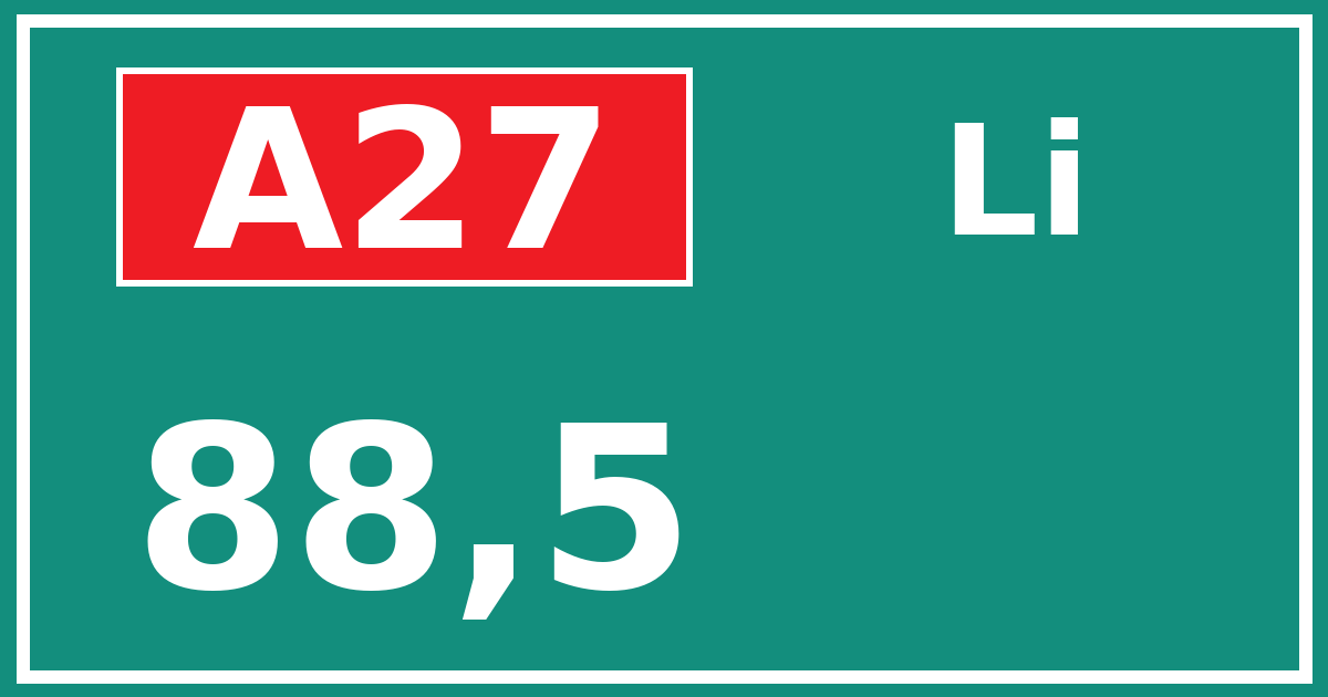 Hectometerbord A27 88,5 zijde Li