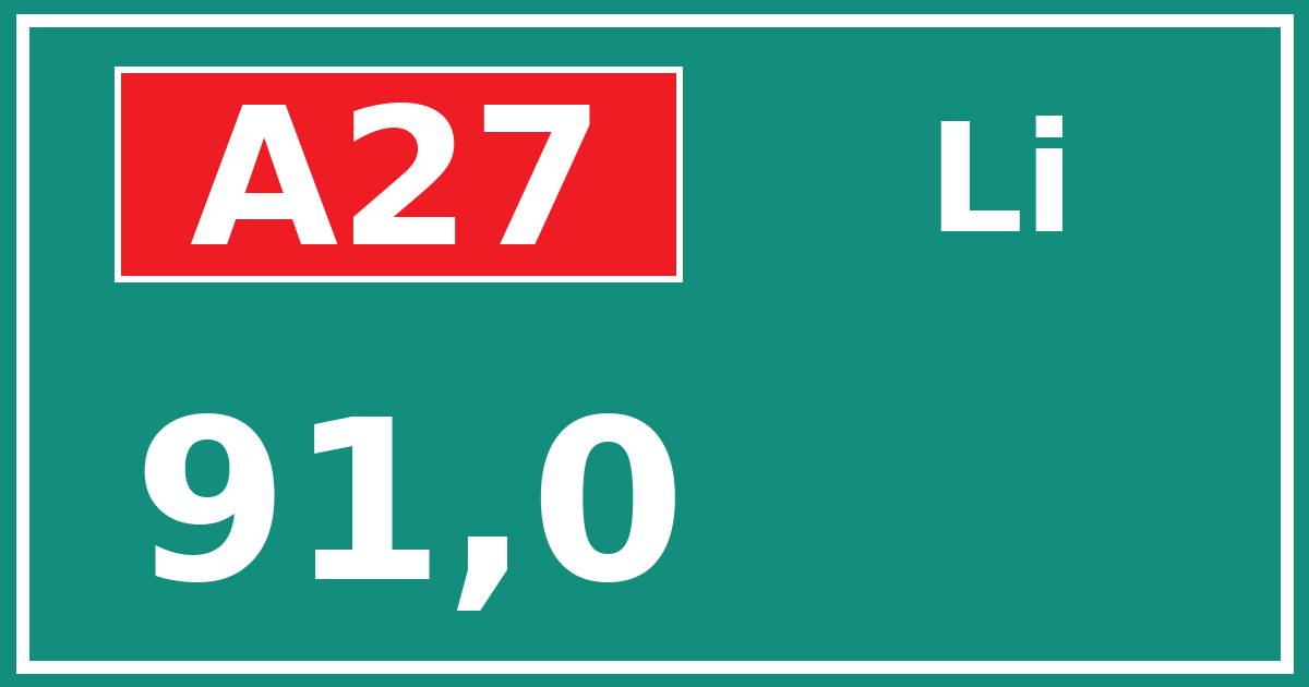 Hectometerbord A27 91,0 zijde Li