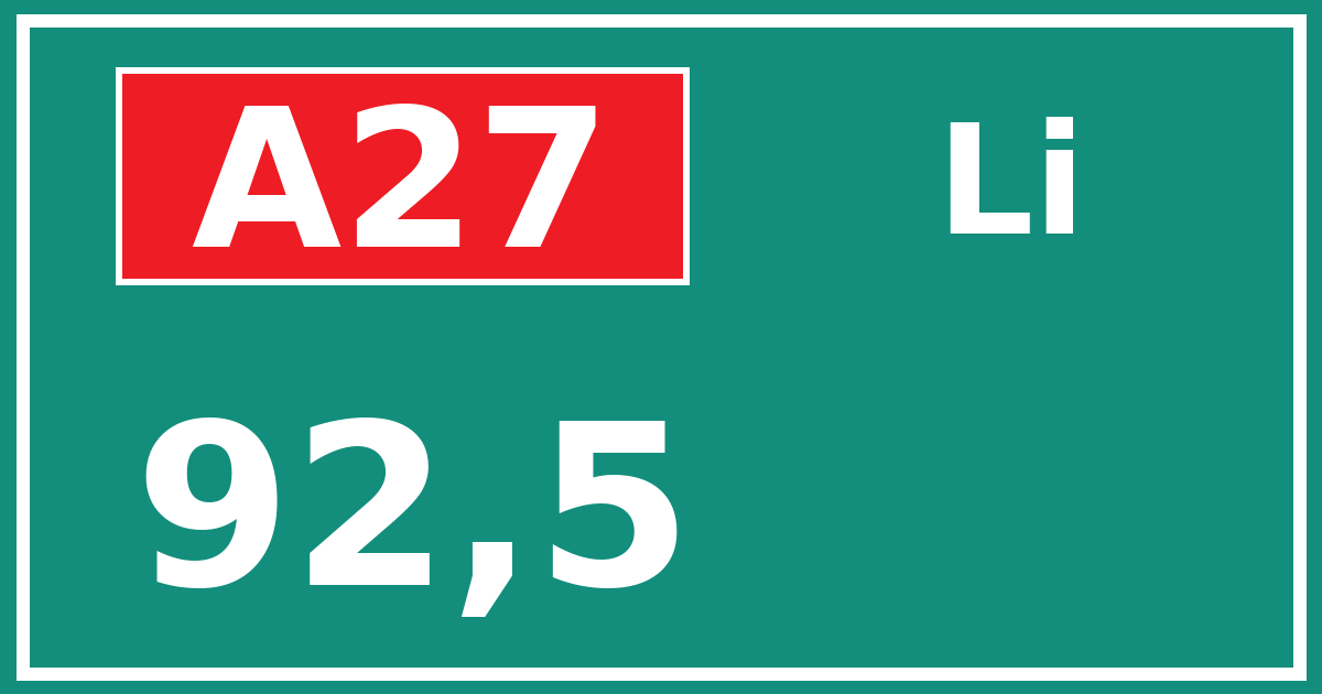 Hectometerbord A27 92,5 zijde Li