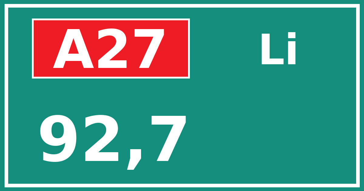 Hectometerbord A27 92,7 zijde Li