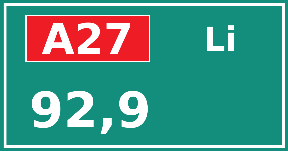 Hectometerbord A27 92,9 zijde Li