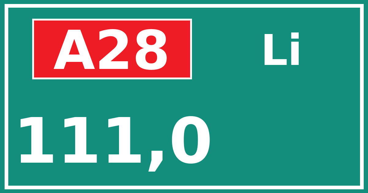 Hectometerbord A28 111,0 zijde Li