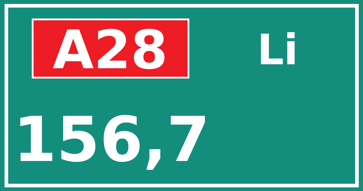 Hectometerbord A28 156,7 zijde Li