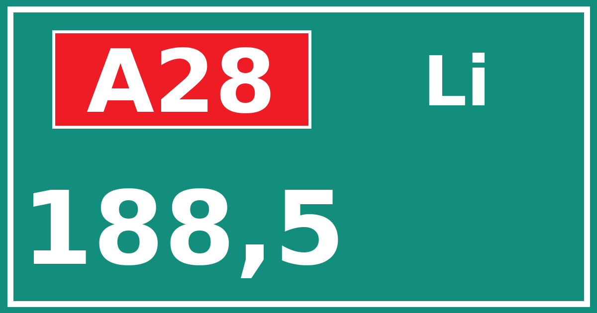 Hectometerbord A28 188,5 zijde Li