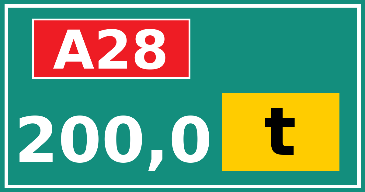 Hectometerbord A28 200,0 letter t