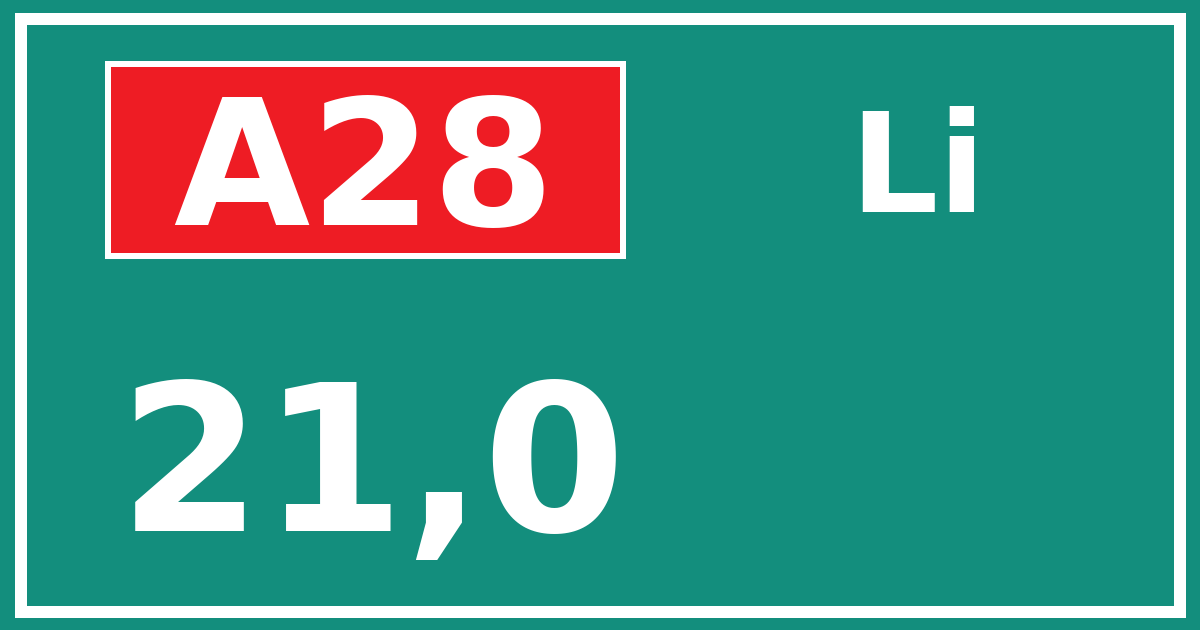 Hectometerbord A28 21,0 zijde Li