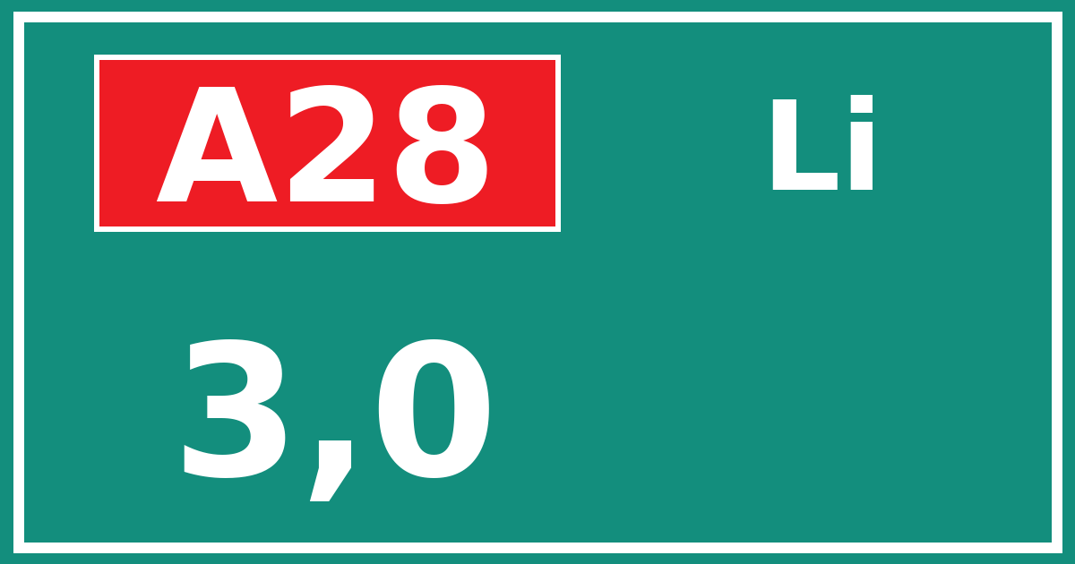 Hectometerbord A28 3,0 zijde Li