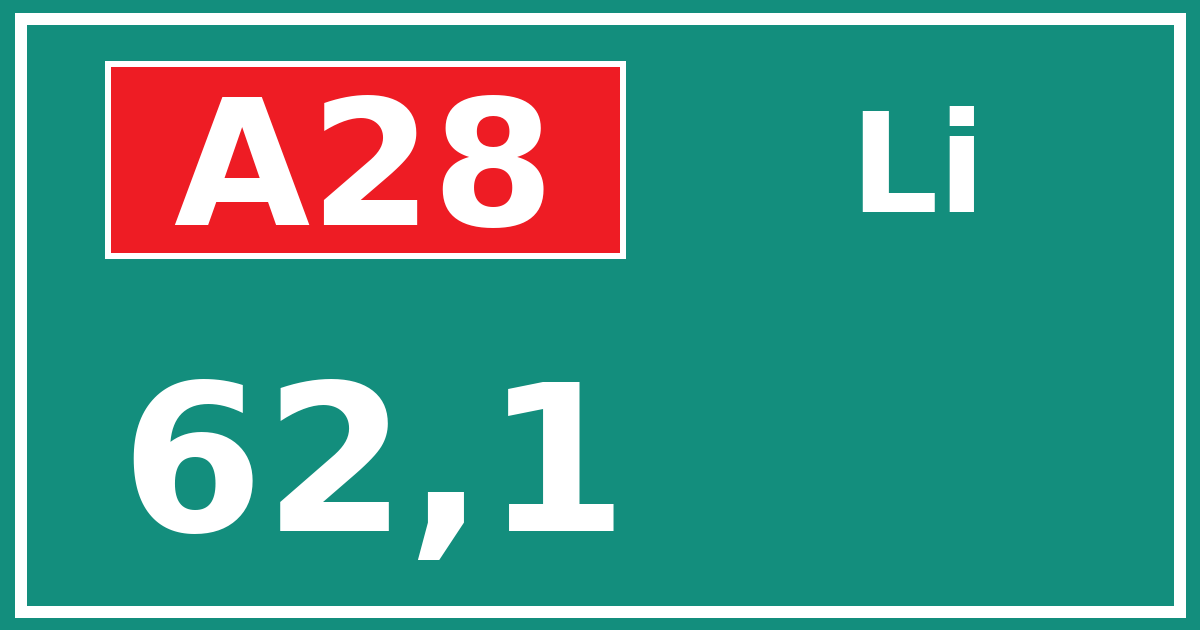 Hectometerbord A28 62,1 zijde Li