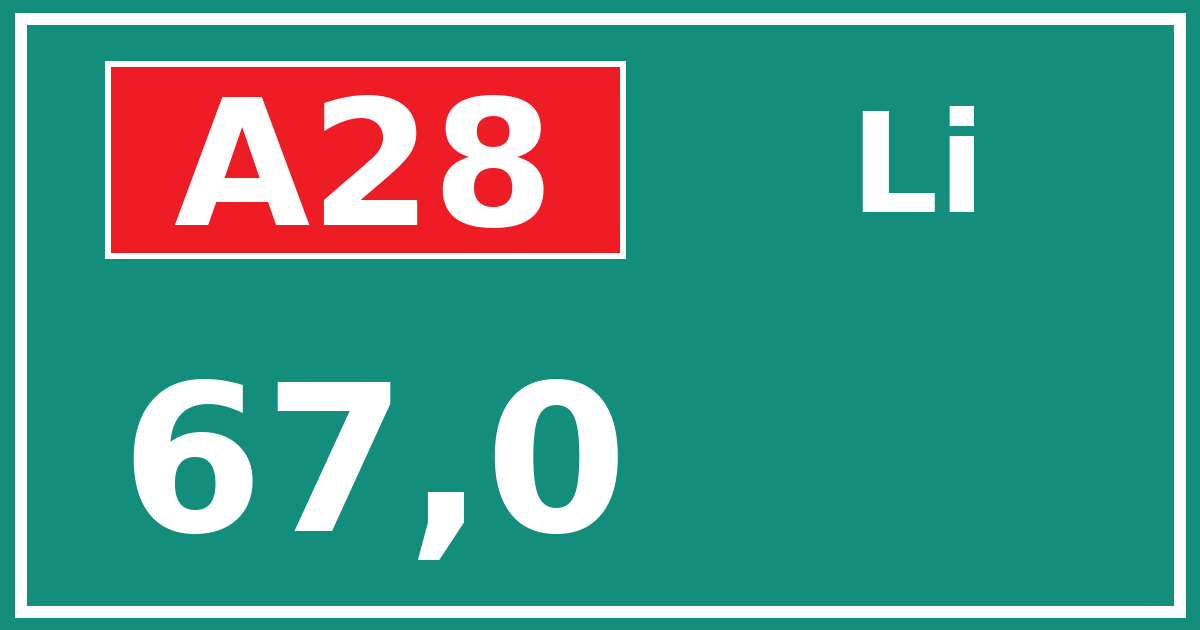 Hectometerbord A28 67,0 zijde Li