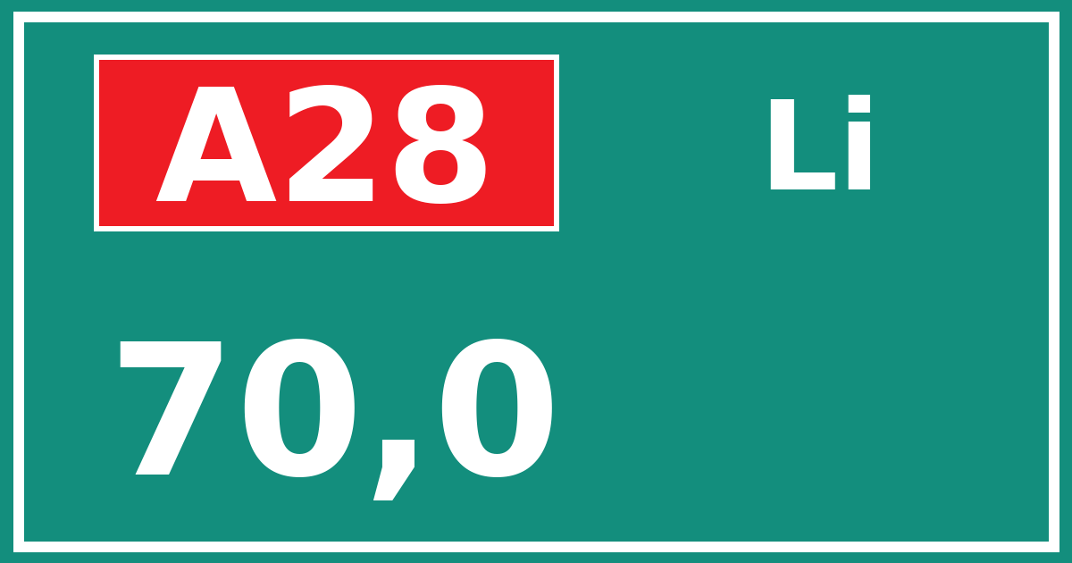 Hectometerbord A28 70,0 zijde Li