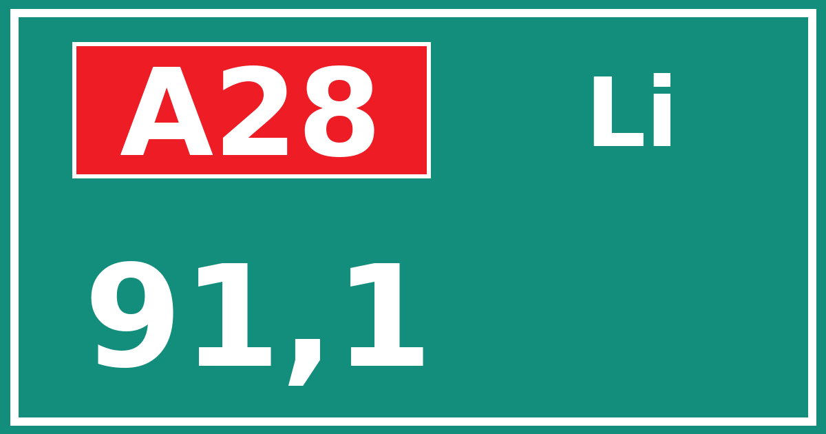 Hectometerbord A28 91,1 zijde Li