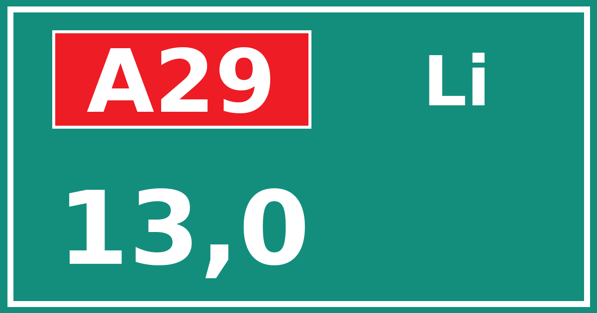 Hectometerbord A29 13,0 zijde Li