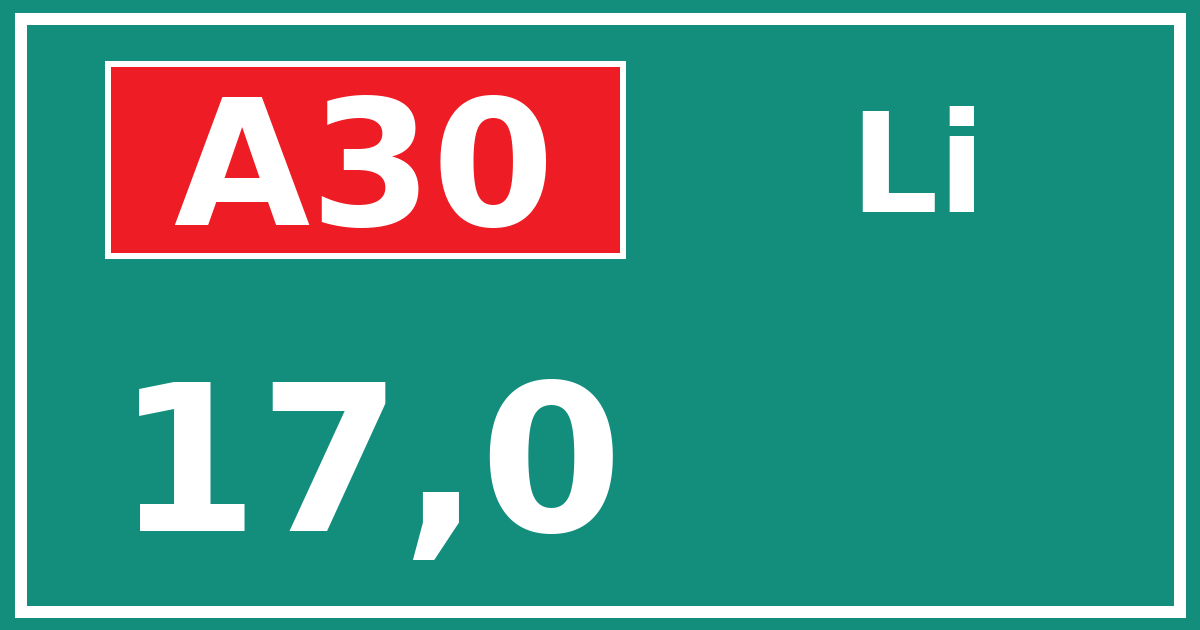 Hectometerbord A30 17,0 zijde Li