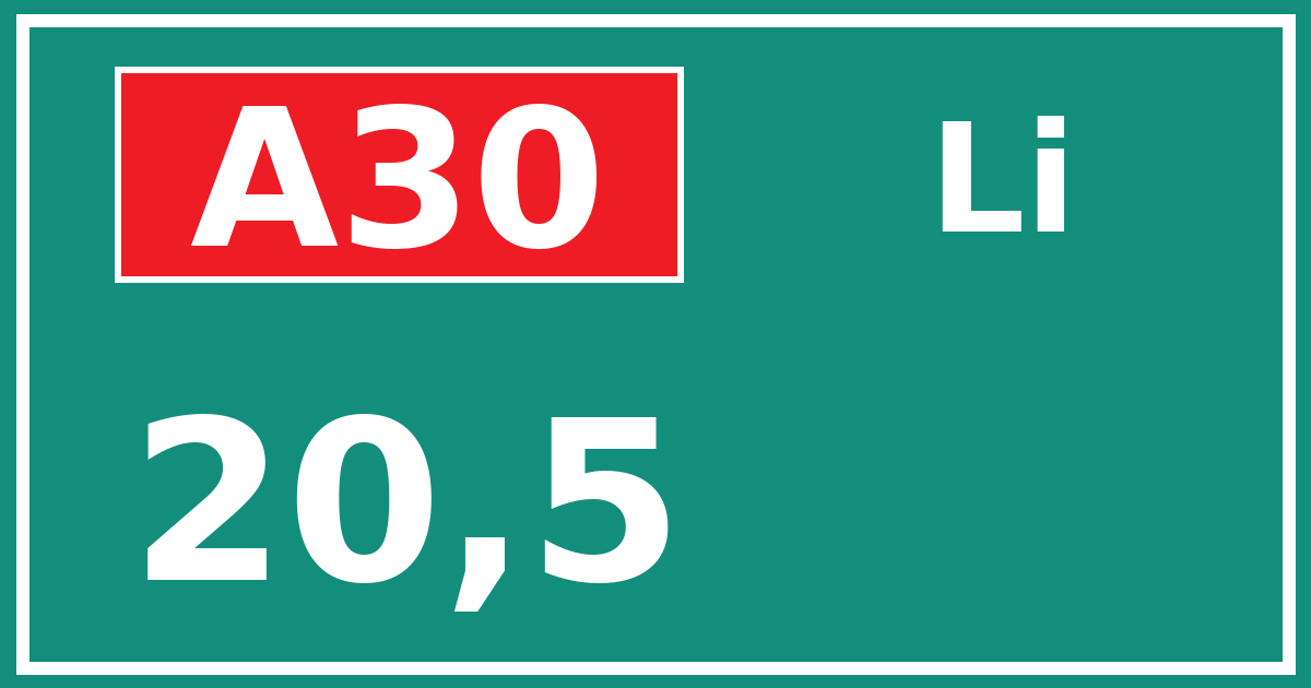 Hectometerbord A30 20,5 zijde Li
