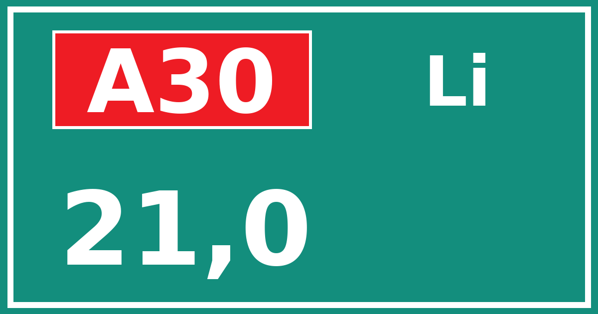Hectometerbord A30 21,0 zijde Li