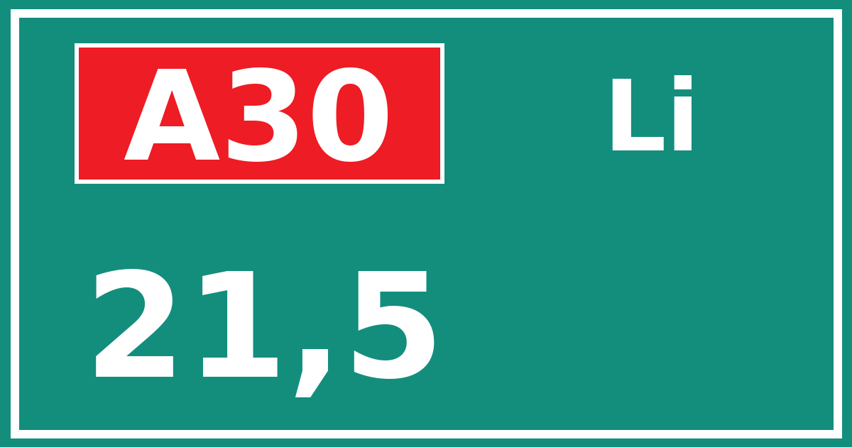 Hectometerbord A30 21,5 zijde Li
