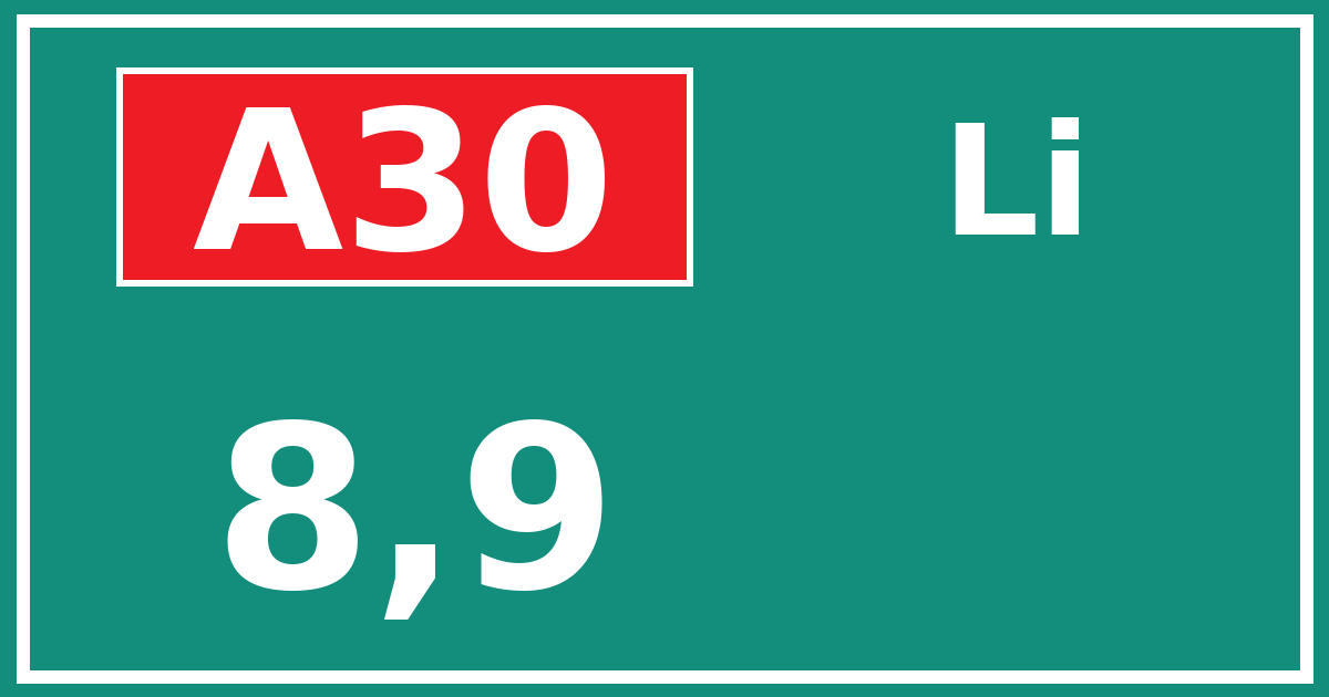Hectometerbord A30 8,9 zijde Li