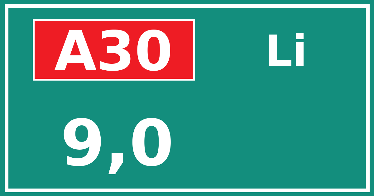 Hectometerbord A30 9,0 zijde Li