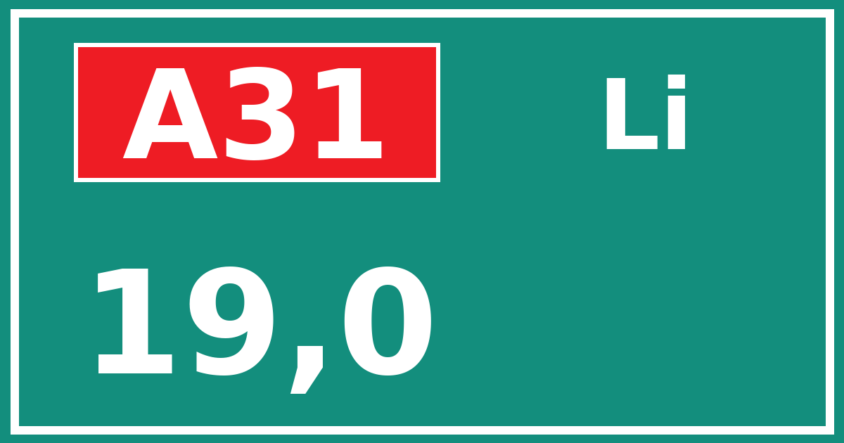 Hectometerbord A31 19,0 zijde Li