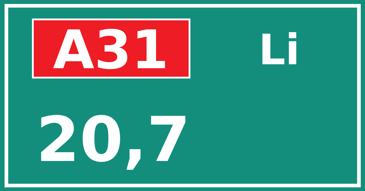 Hectometerbord A31 20,7 zijde Li