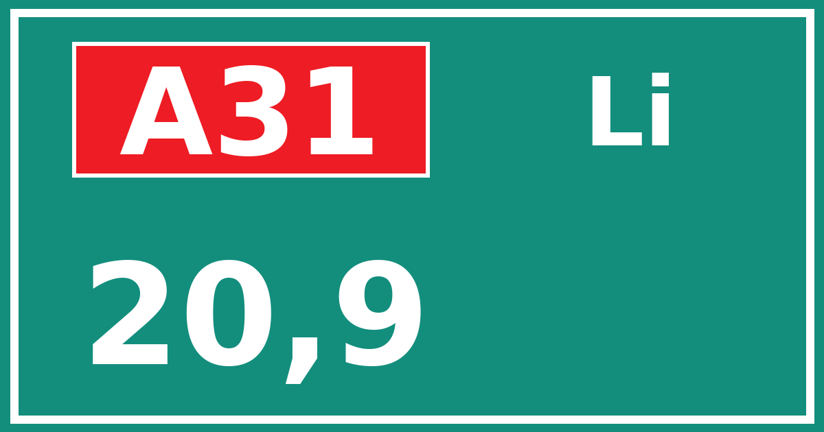 Hectometerbord A31 20,9 zijde Li