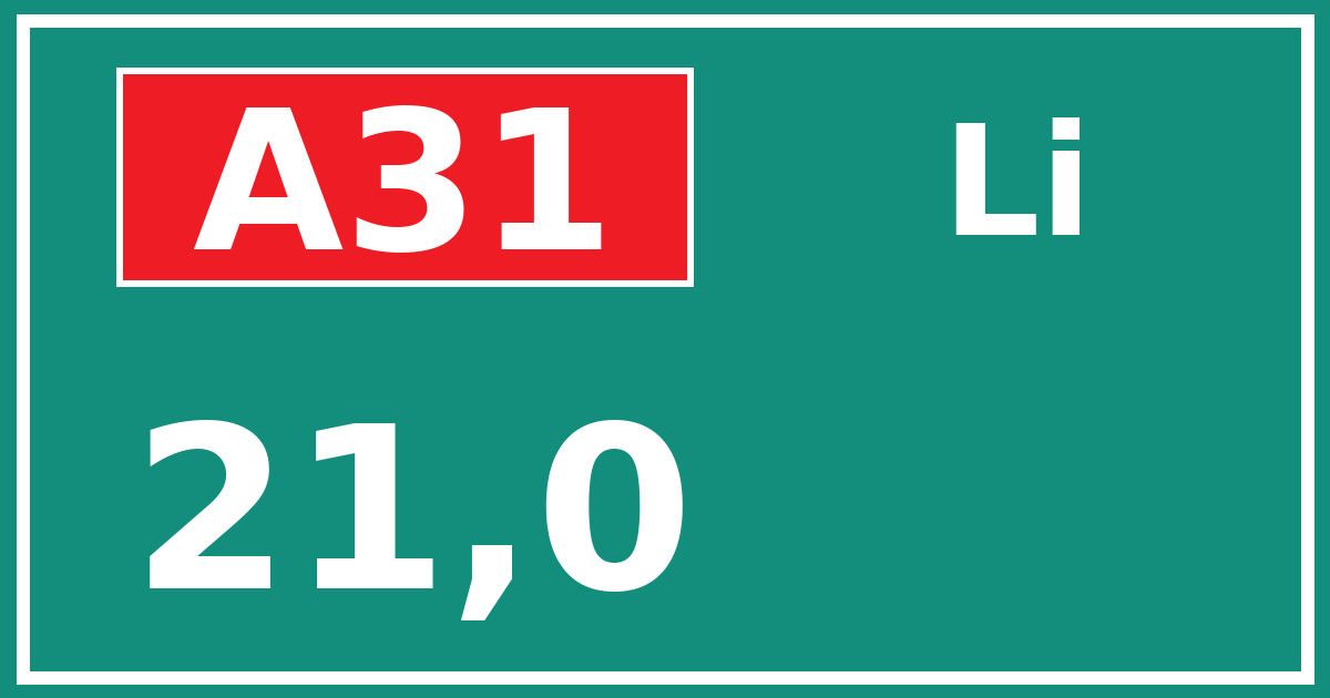 Hectometerbord A31 21,0 zijde Li