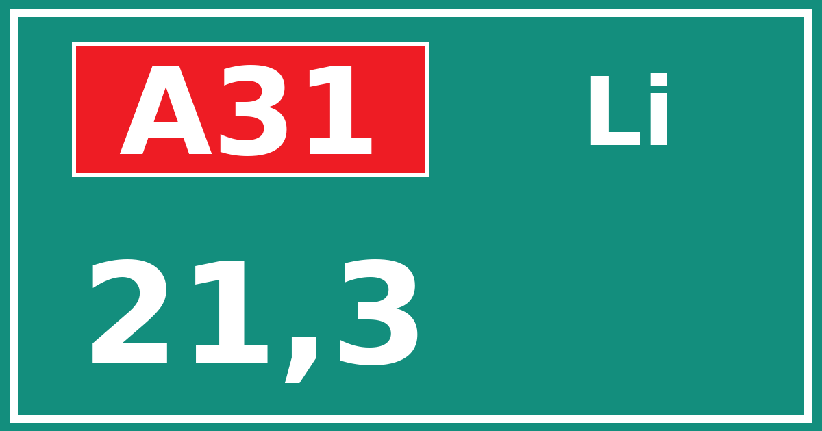 Hectometerbord A31 21,3 zijde Li