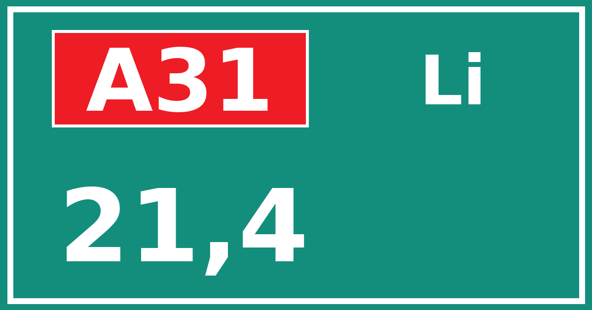 Hectometerbord A31 21,4 zijde Li