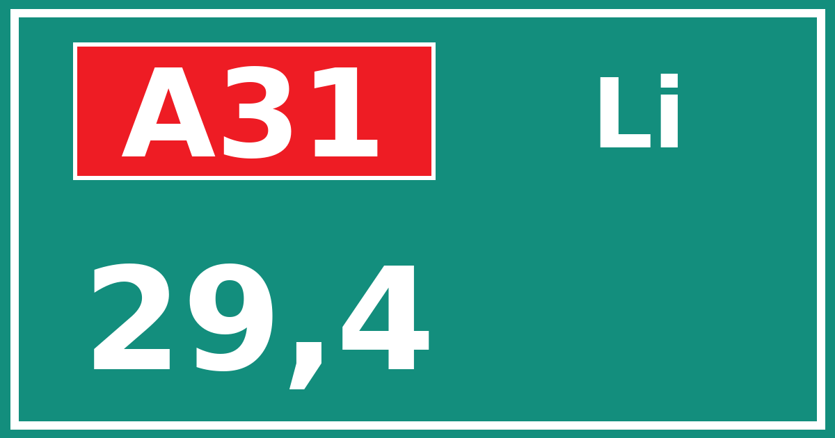 Hectometerbord A31 29,4 zijde Li