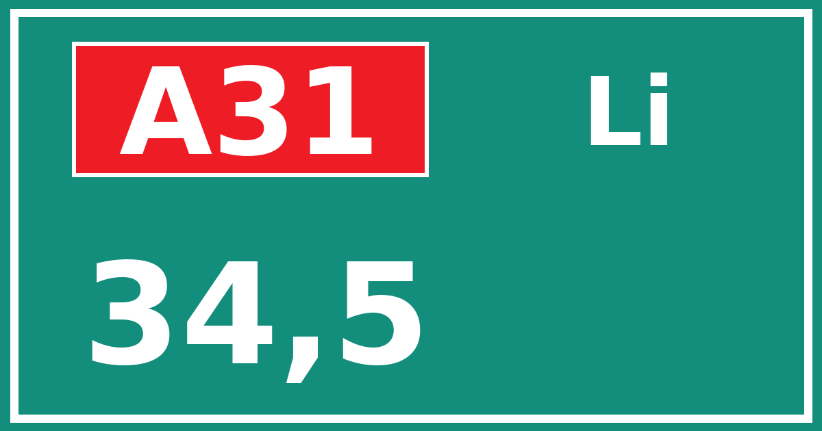 Hectometerbord A31 34,5 zijde Li