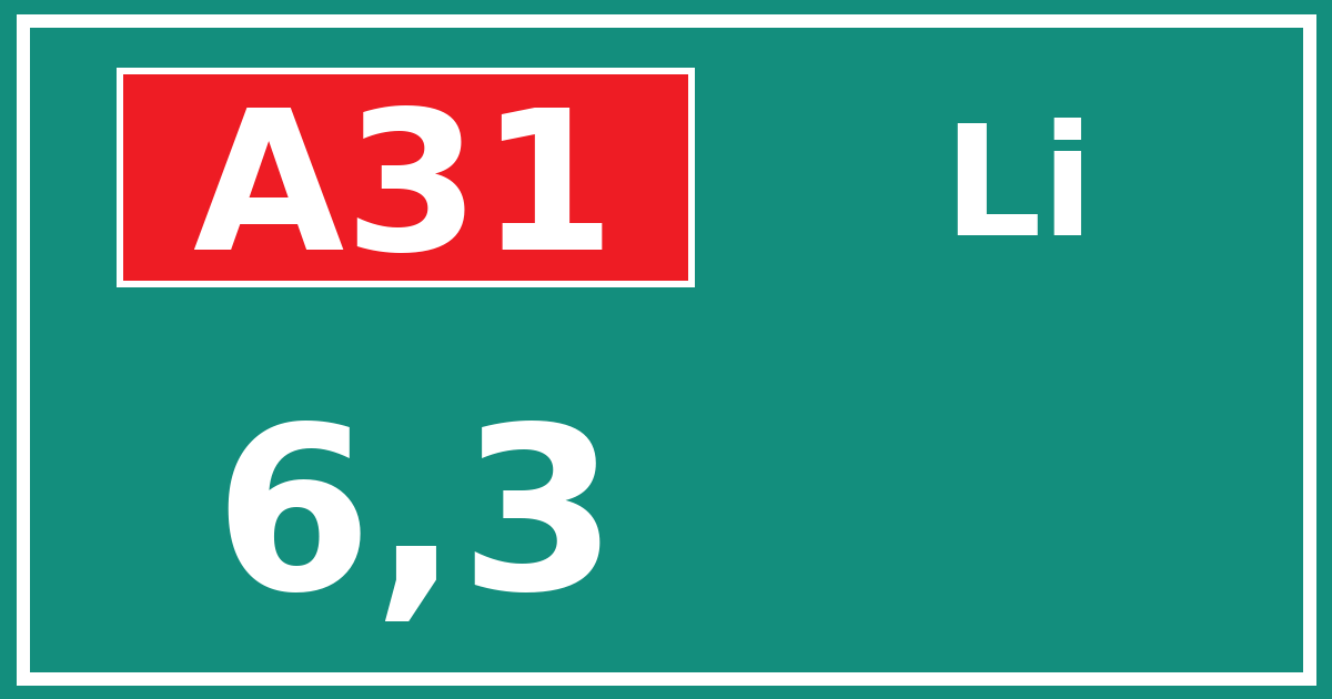 Hectometerbord A31 6,3 zijde Li