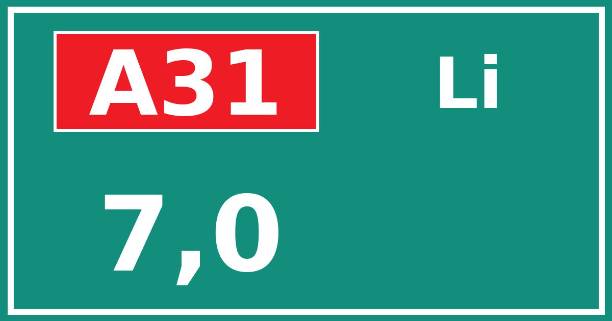 Hectometerbord A31 7,0 zijde Li