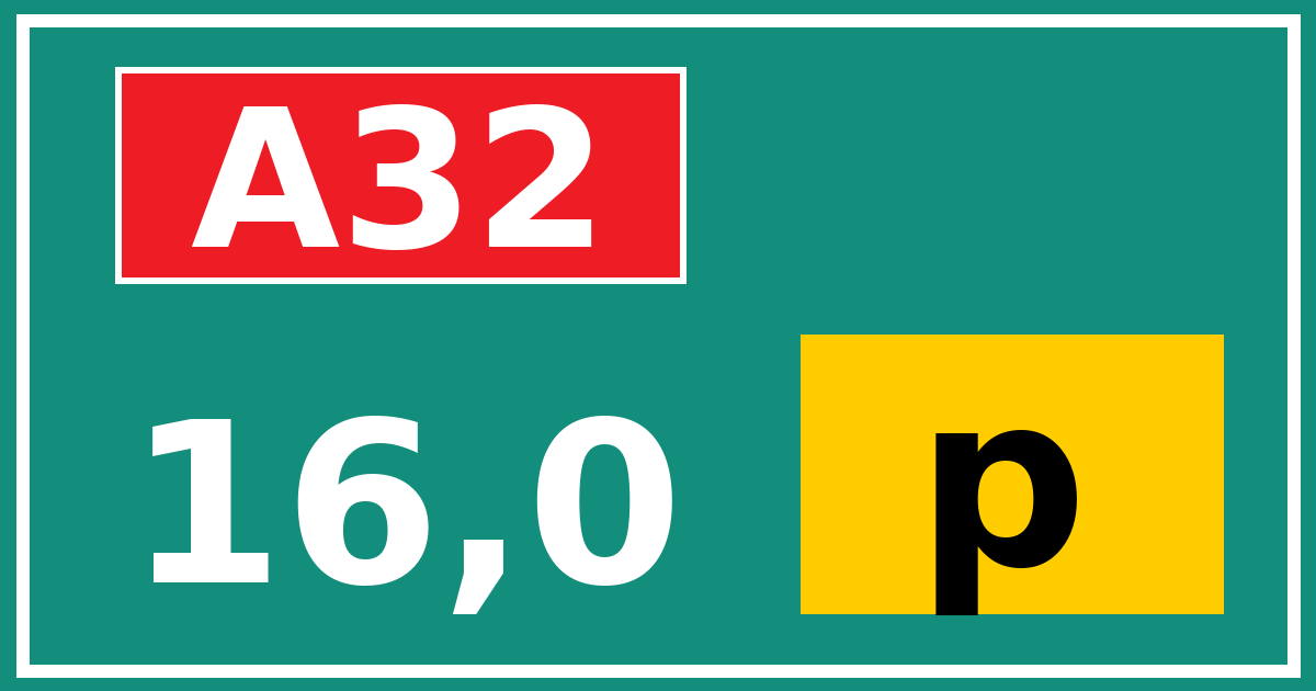 Hectometerbord A32 16,0 letter p
