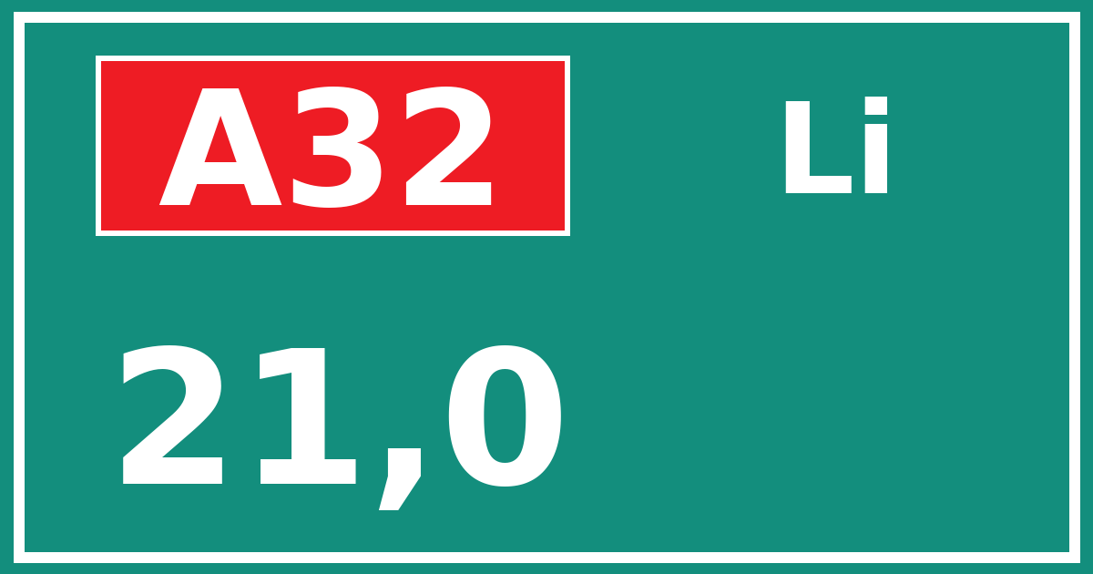 Hectometerbord A32 21,0 zijde Li