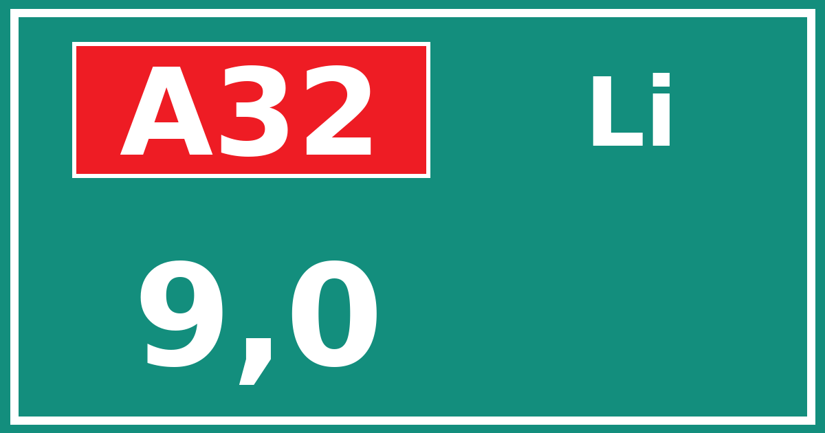 Hectometerbord A32 9,0 zijde Li