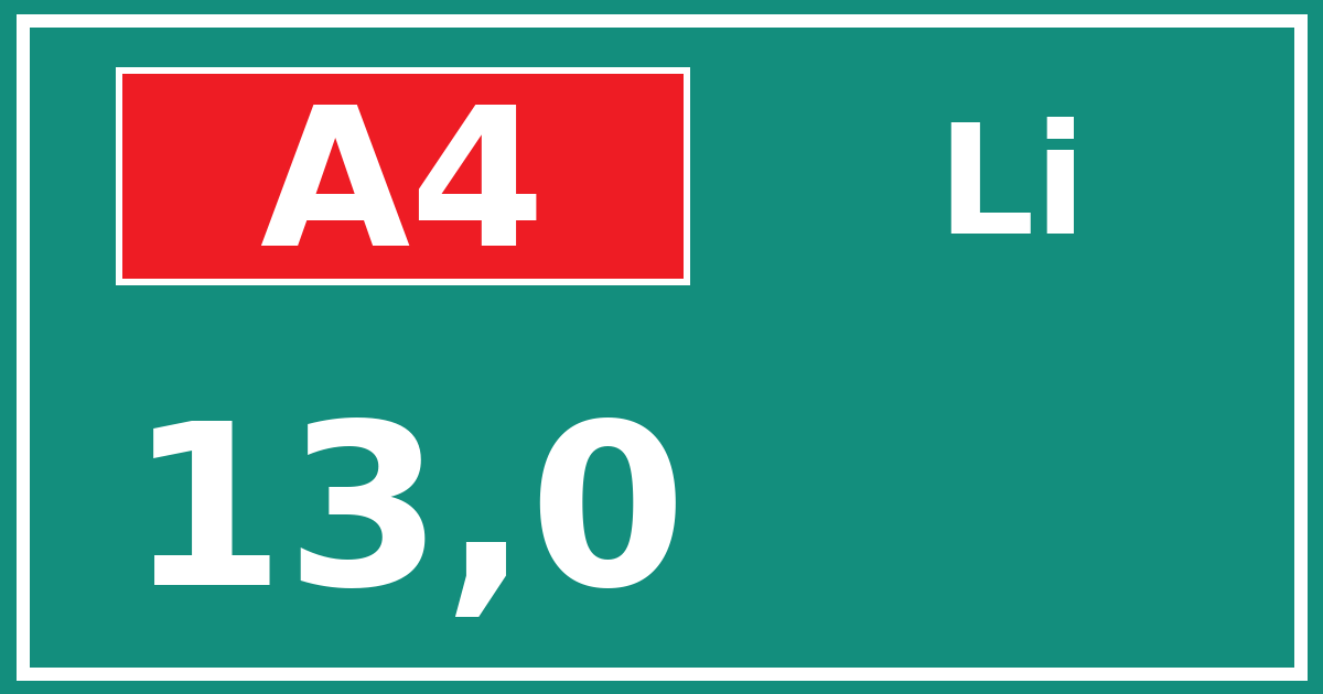 Hectometerbord A4 13,0 zijde Li