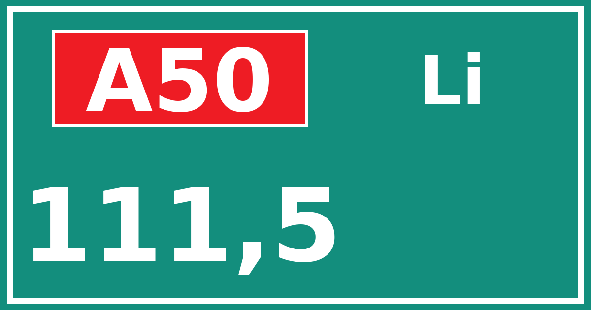 Hectometerbord A50 111,5 zijde Li