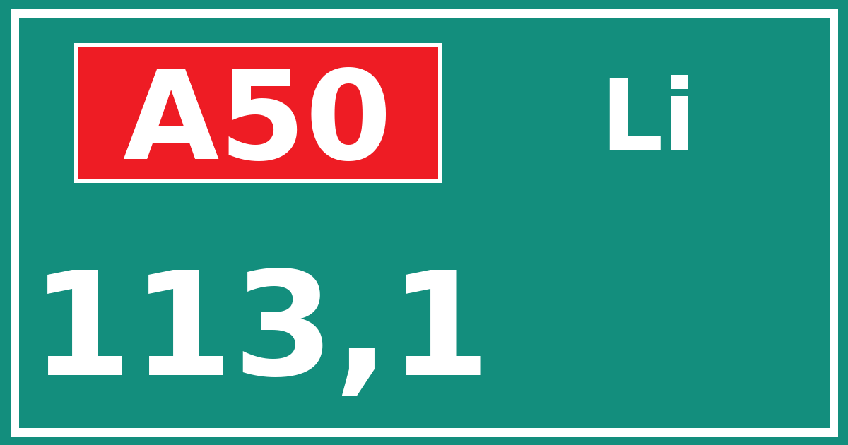 Hectometerbord A50 113,1 zijde Li