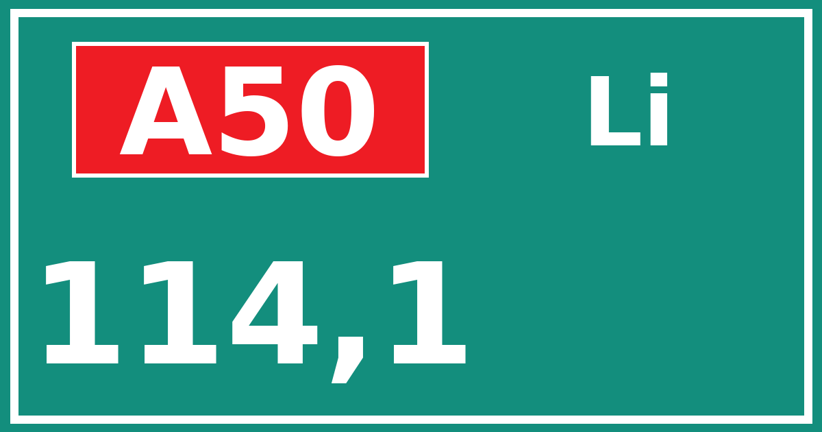 Hectometerbord A50 114,1 zijde Li