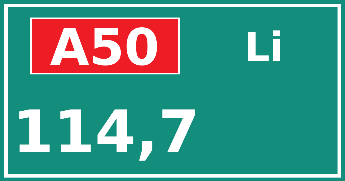 Hectometerbord A50 114,7 zijde Li